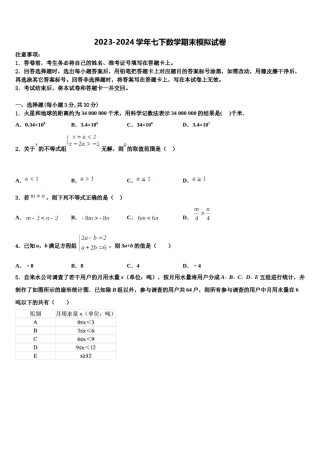 安徽省合肥中学科大附中2023-2024学年七年级数学第二学期期末学业水平测试模拟试题含解析.doc