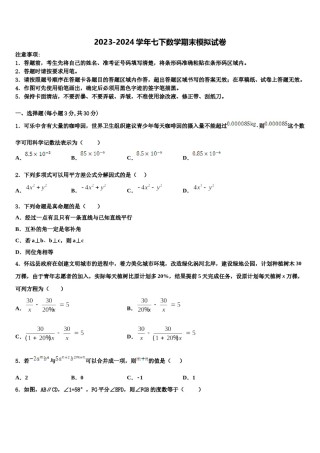 安徽省合肥市蜀山区琥珀中学2024届数学七下期末考试模拟试题含解析.doc