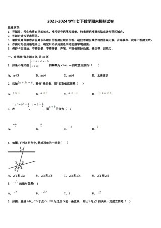安徽省滁州来安县2024年数学七下期末监测试题含解析.doc