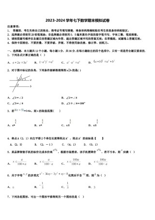 安徽省阜阳九中学2024届数学七下期末学业质量监测模拟试题含解析.doc