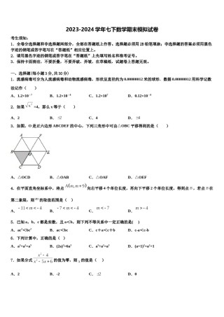 安徽省颍上六十铺中学2023-2024学年数学七下期末监测试题含解析.doc