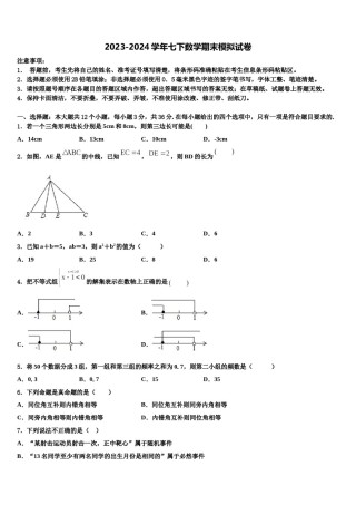 山东省济宁市鲁桥镇第一中学2024届数学七下期末学业质量监测模拟试题含解析.doc
