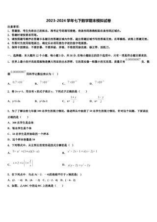 山东省潍坊市诸城龙源学校2024年数学七下期末教学质量检测模拟试题含解析.doc