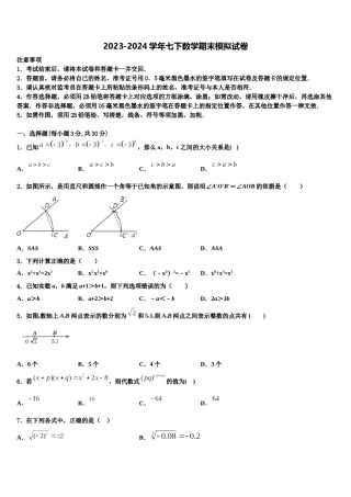 山东省青岛市西海岸新区2024届数学七下期末达标检测模拟试题含解析.doc
