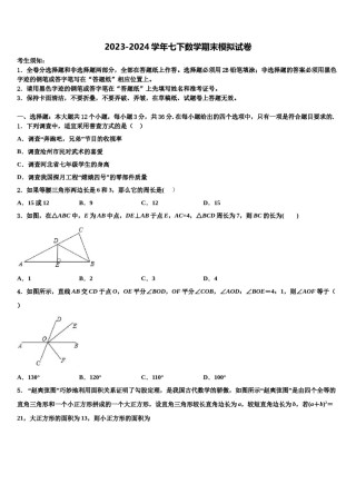 山西省运城市实验中学2024届数学七下期末学业水平测试试题含解析.doc