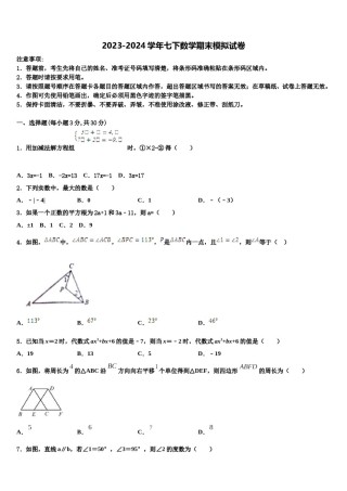 广东省东莞市虎门汇英学校2024届数学七下期末检测试题含解析.doc