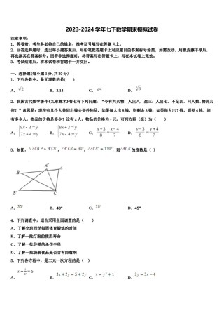广东省中学山市杨仙逸中学2024年数学七下期末质量检测试题含解析.doc