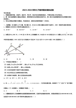 江苏省南京市第一中学2024届数学七下期末学业质量监测模拟试题含解析.doc