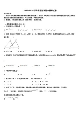 江苏省南京市金陵汇文中学2024届数学七下期末质量检测试题含解析.doc