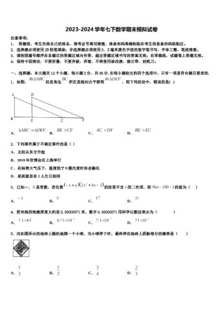 江苏省南京树人中学2024年七下数学期末学业质量监测模拟试题含解析.doc