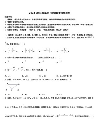 江苏省南通市八一中学2023-2024学年七下数学期末监测模拟试题含解析.doc