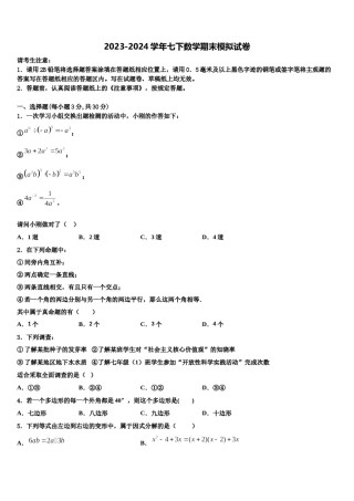 江苏省宝应县山阳中学2024届七年级数学第二学期期末质量检测试题含解析.doc