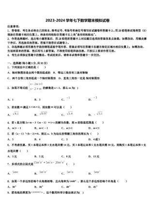 江苏省泰兴市老叶初级中学2023-2024学年七年级数学第二学期期末教学质量检测试题含解析.doc