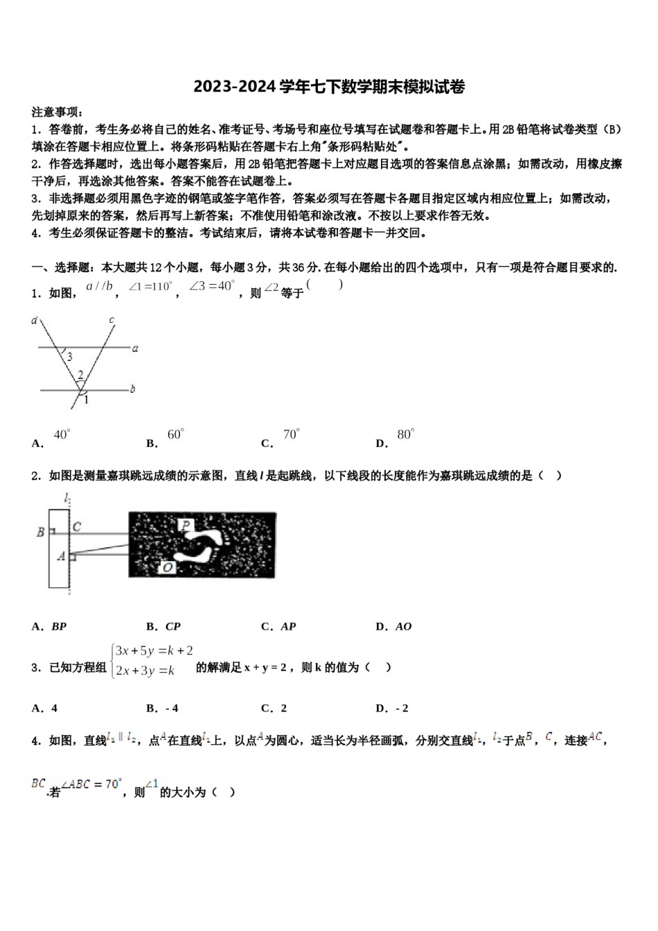 江苏省金陵中学2023-2024学年七下数学期末检测试题含解析.doc_第1页
