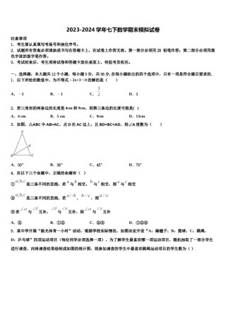 江苏省高邮市朝阳中学2023-2024学年数学七下期末质量跟踪监视试题含解析.doc