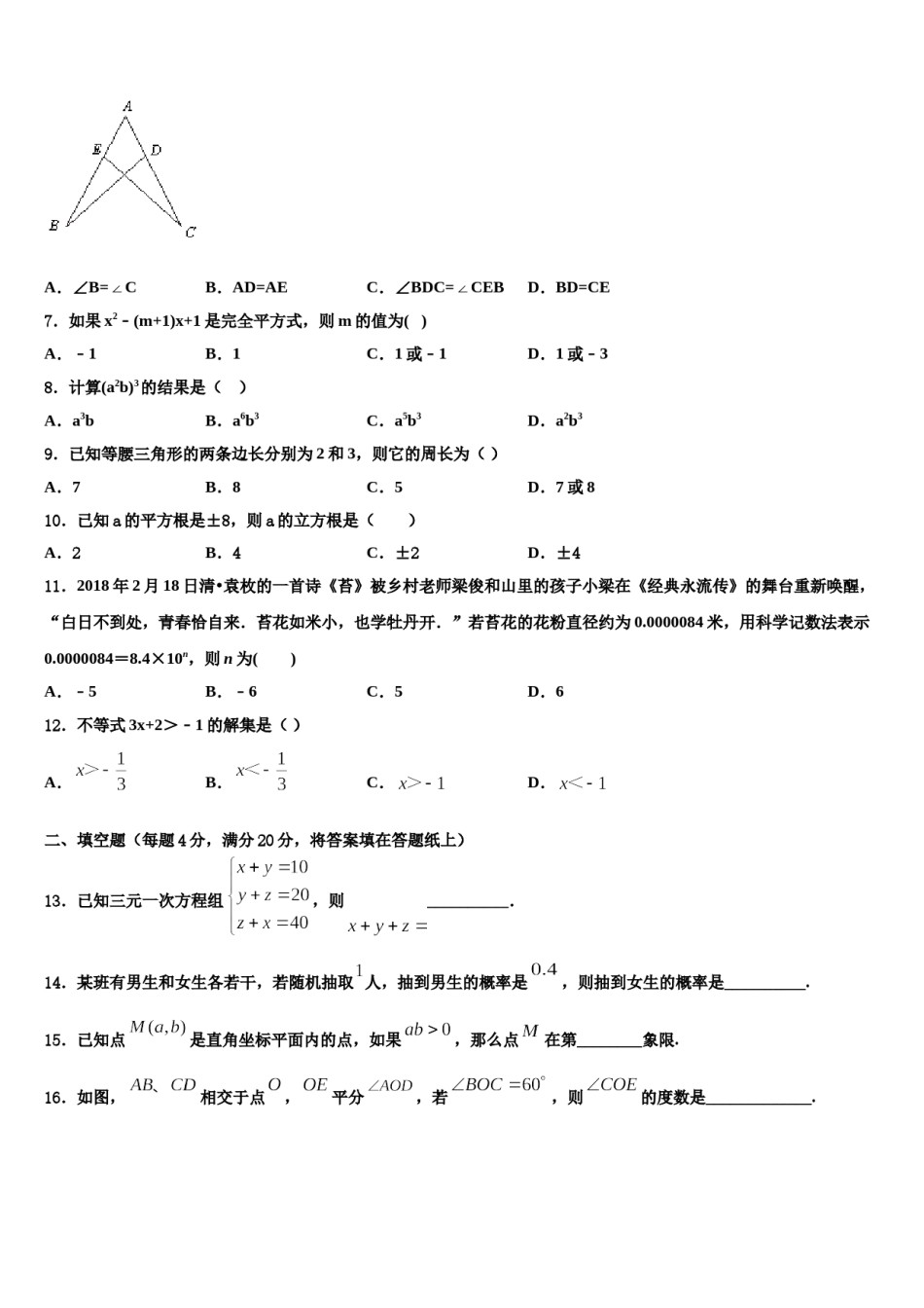 河北省石家庄市第四十二中学2024届数学七下期末教学质量检测试题含解析.doc_第2页