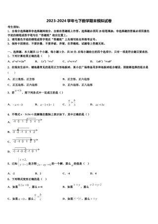 河北省石家庄市裕华区实验中学2024届七下数学期末学业质量监测模拟试题含解析.doc