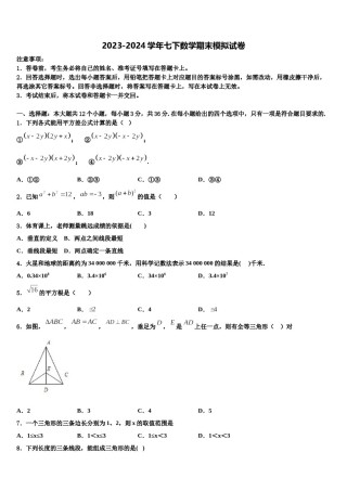 浙江温州第四中学2024届七年级数学第二学期期末质量检测试题含解析.doc