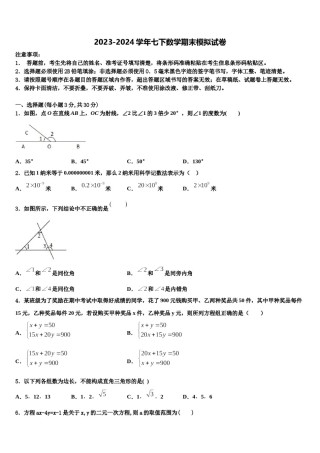浙江省台州市仙居县2023-2024学年七年级数学第二学期期末达标检测模拟试题含解析.doc