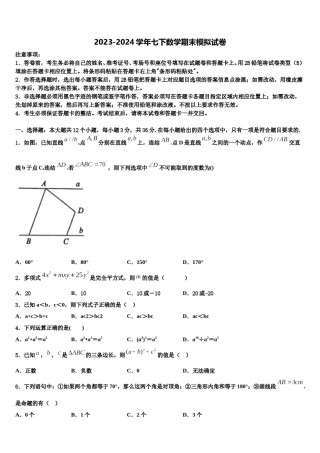 浙江省宁波市效实中学2023-2024学年七年级数学第二学期期末统考试题含解析.doc