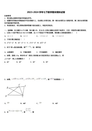 浙江省杭州市育才中学2024届七年级数学第二学期期末质量检测试题含解析.doc