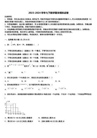 浙江省温州实验中学2024年七下数学期末质量跟踪监视试题含解析.doc