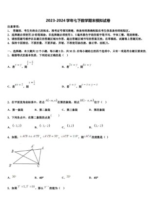 浙江省温州市八中学2023-2024学年七年级数学第二学期期末复习检测模拟试题含解析.doc