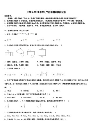 浙江省温州市苍南县2024届数学七下期末学业质量监测模拟试题含解析.doc