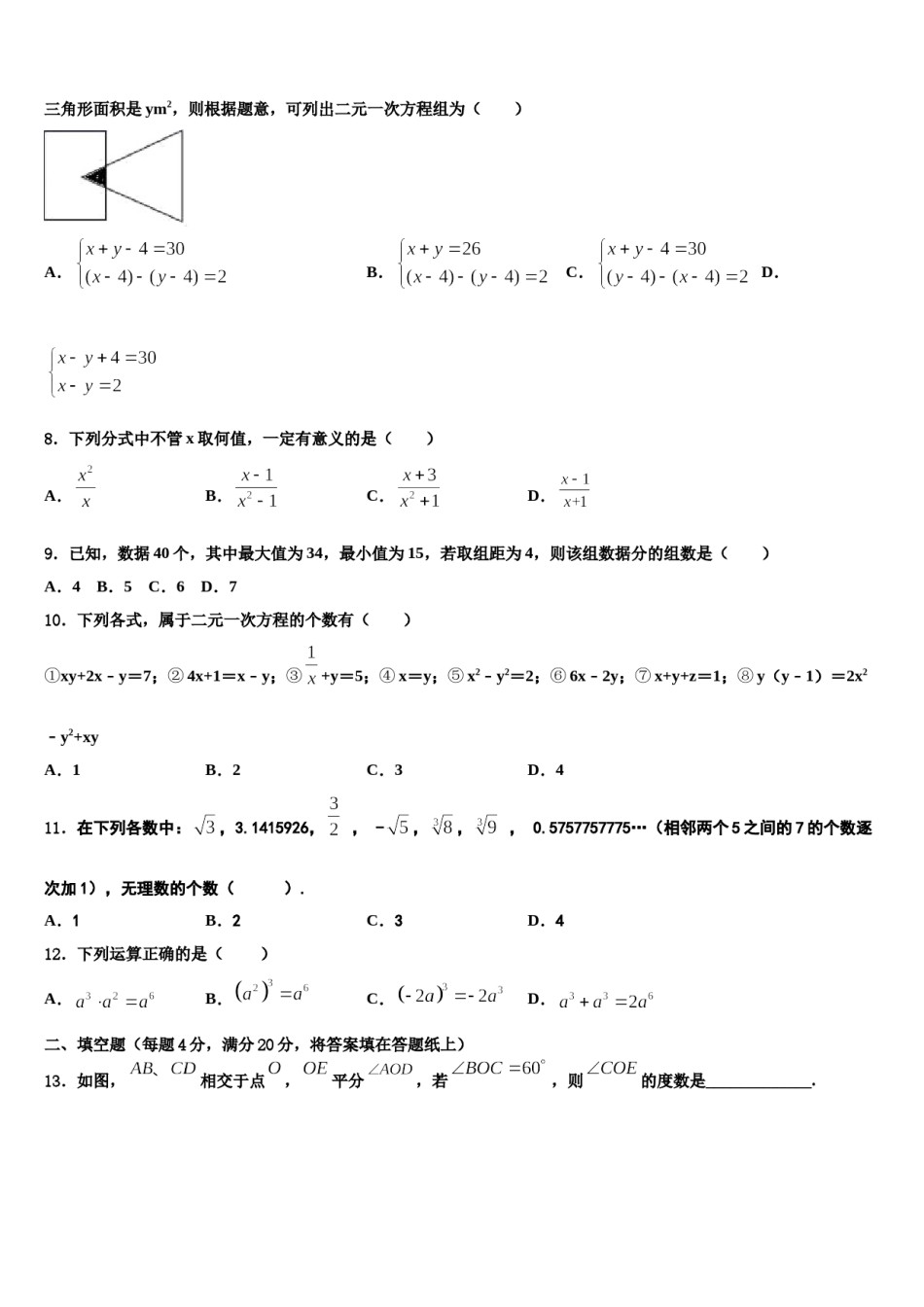 湖北省武汉市新洲区2024届数学七下期末质量跟踪监视模拟试题含解析.doc_第2页