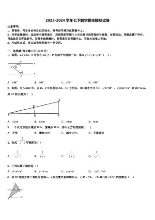 湖北省襄阳市吴店镇清潭第一中学2024届数学七下期末经典模拟试题含解析.doc