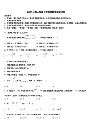 湖南省张家界市民族中学2023-2024学年七年级数学第二学期期末教学质量检测试题含解析.doc