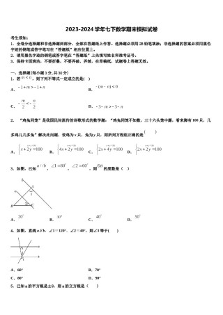 湖南省长沙市实验中学2023-2024学年七下数学期末学业水平测试试题含解析.doc