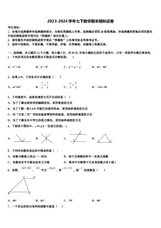 湖南长沙市岳麓区2024年七年级数学第二学期期末考试模拟试题含解析.doc