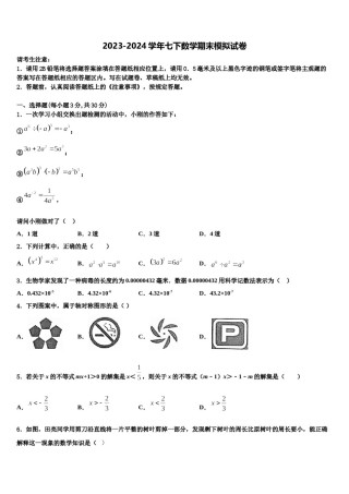 甘肃省兰州市天庆实验中学2023-2024学年数学七下期末检测模拟试题含解析.doc