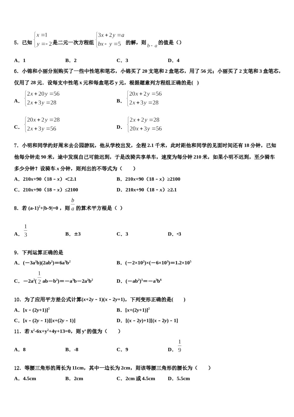 福建省厦门市瑞景外国语分校2024年七下数学期末综合测试模拟试题含解析.doc_第2页