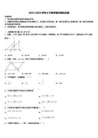 福建省泉州2023-2024学年数学七下期末学业质量监测模拟试题含解析.doc