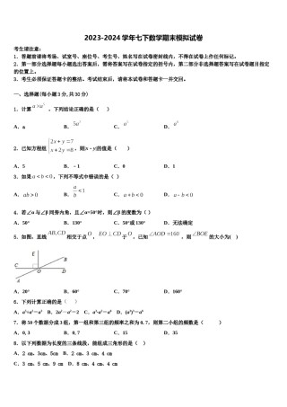 福建莆田市2024年七年级数学第二学期期末质量检测试题含解析.doc
