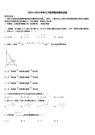 贵州省安顺市2023-2024学年数学七下期末监测试题含解析.doc