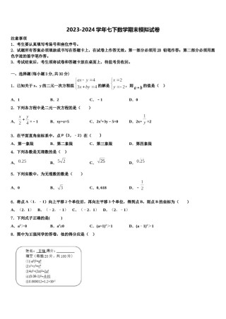 郑州二中学2023-2024学年七年级数学第二学期期末达标检测模拟试题含解析.doc