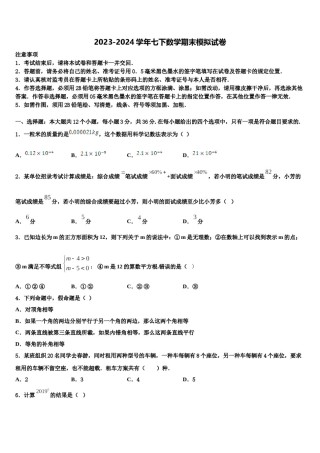 重庆江南新区2023-2024学年七下数学期末考试模拟试题含解析.doc