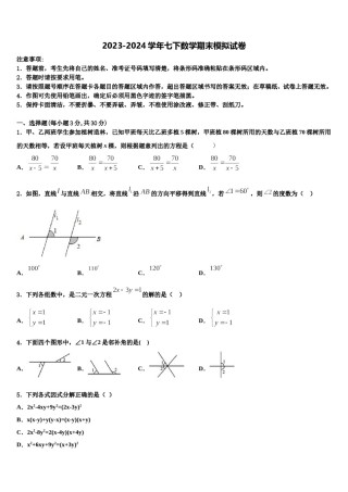 陕师大附中2024年七年级数学第二学期期末学业质量监测试题含解析.doc