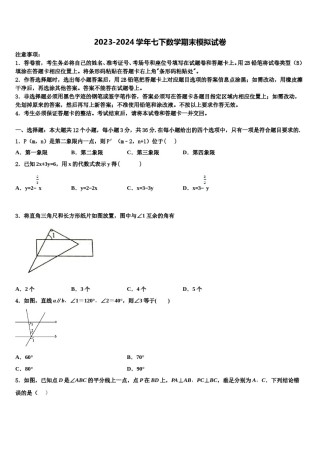 陕西省西安西工大附中2024届数学七下期末教学质量检测试题含解析.doc