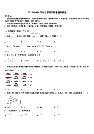 黑龙江省大庆市林甸四中学2024届七下数学期末复习检测试题含解析.doc