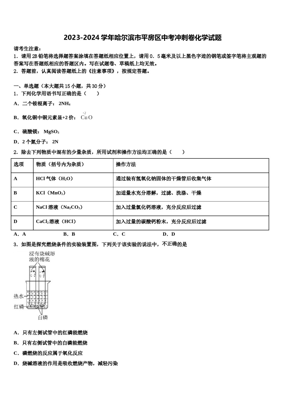 2023-2024学年哈尔滨市平房区中考冲刺卷化学试题含解析.doc_第1页