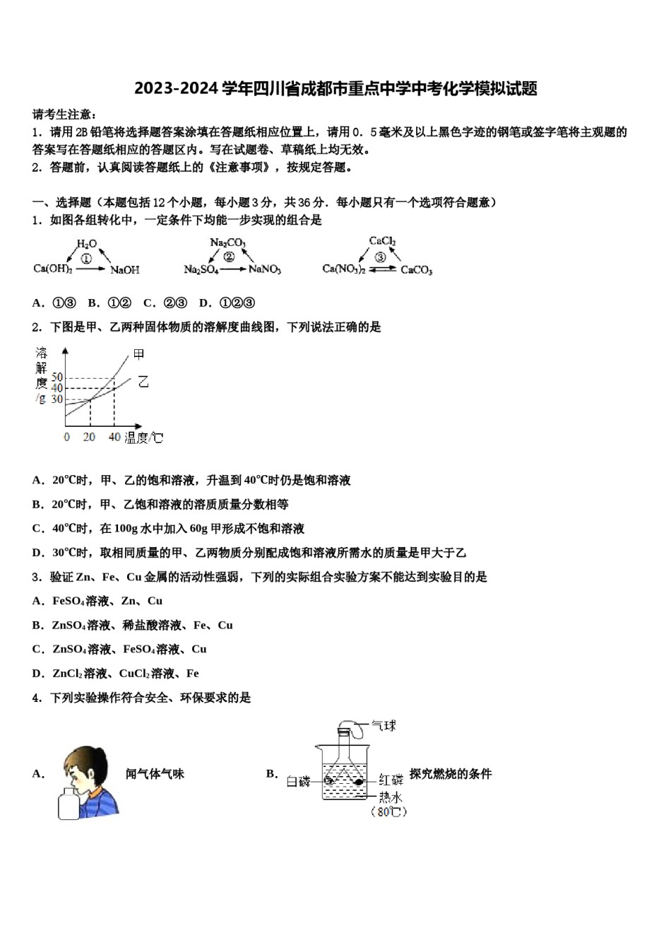 2023-2024学年四川省成都市重点中学中考化学模拟试题含解析.doc_第1页
