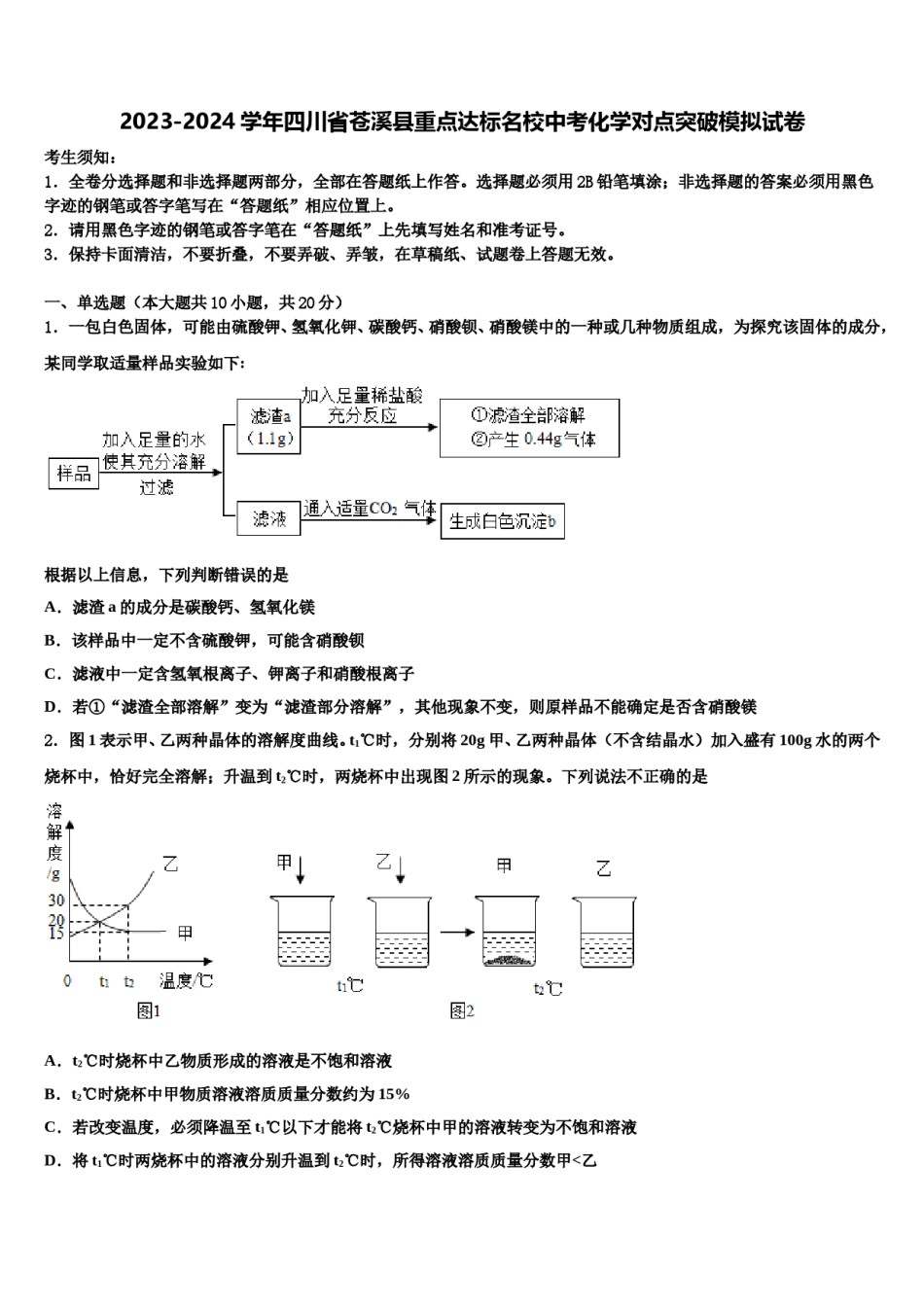 2023-2024学年四川省苍溪县重点达标名校中考化学对点突破模拟试卷含解析.doc_第1页