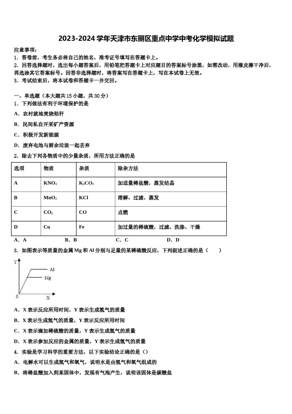 2023-2024学年天津市东丽区重点中学中考化学模拟试题含解析.doc_第1页