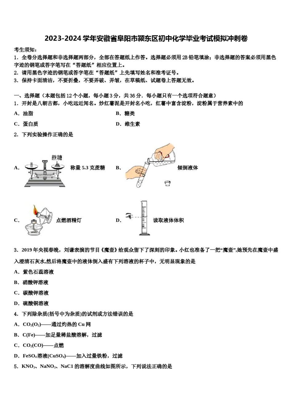2023-2024学年安徽省阜阳市颍东区初中化学毕业考试模拟冲刺卷含解析.doc_第1页
