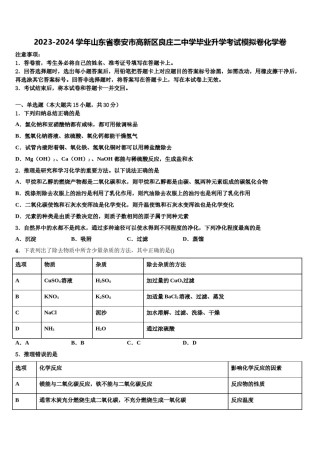 2023-2024学年山东省泰安市高新区良庄二中学毕业升学考试模拟卷化学卷含解析.doc