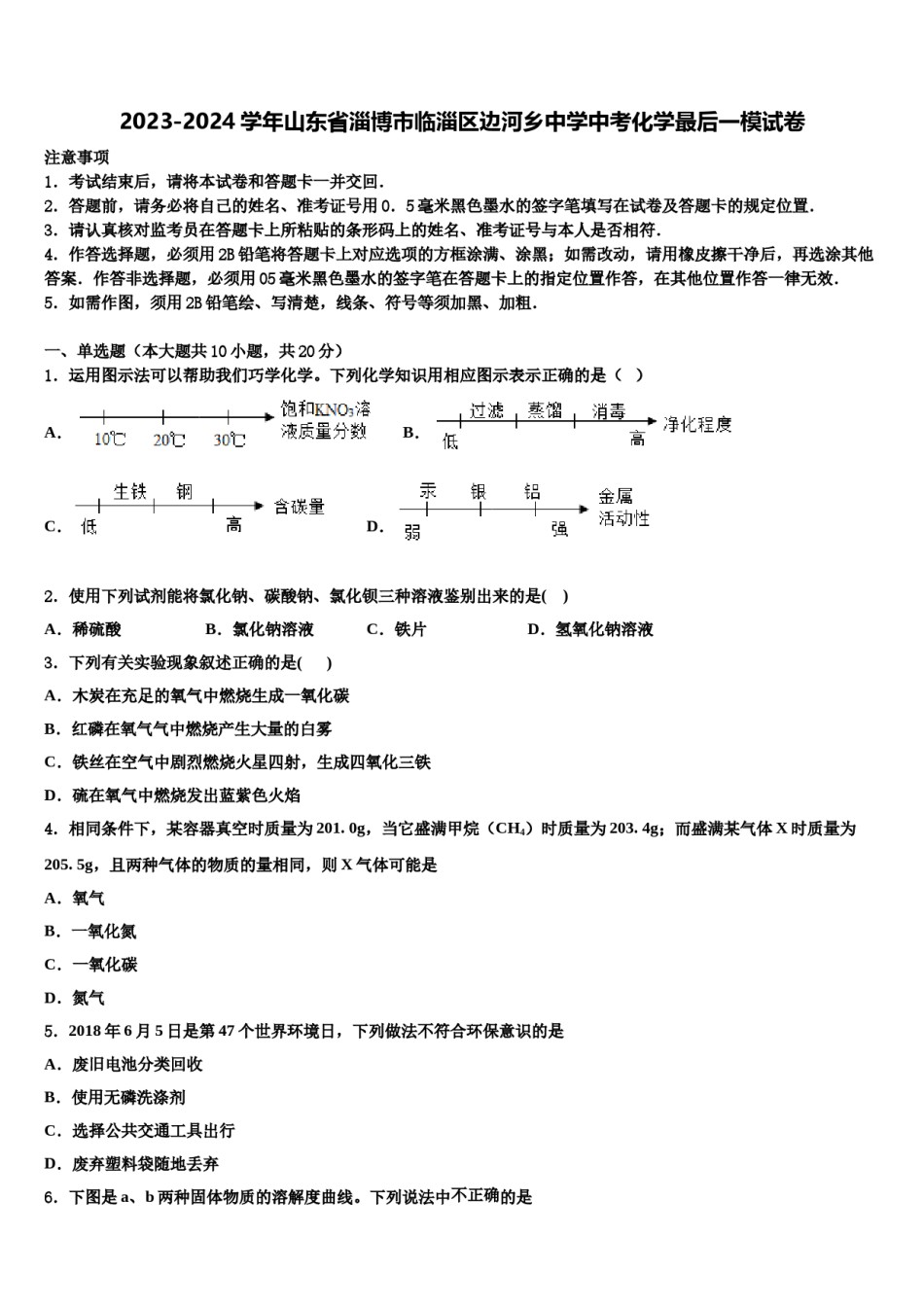 2023-2024学年山东省淄博市临淄区边河乡中学中考化学最后一模试卷含解析.doc_第1页